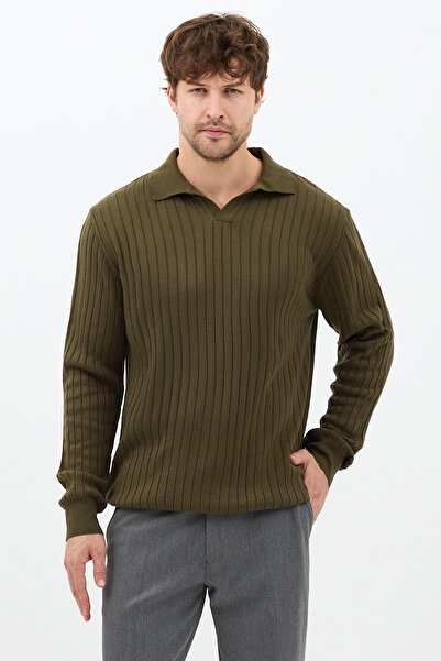 Tarz Cool Men's Khaki Slim Fit Long Sleeve Polo Neck Knitwear Sweater