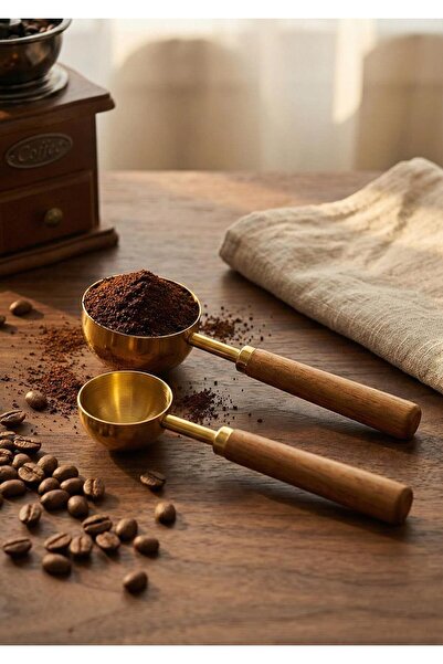 HomeTarz Gold Measuring Spoon Set with Wooden Handle - 2 Coffee Measuring Spoons - 30 + 60 ml