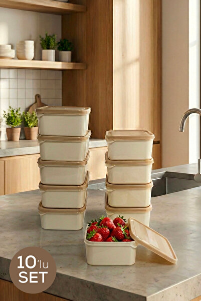 Vienev 10-Piece 350 ml Refrigerator Organizer Microwave and Freezer Storage Container Beige