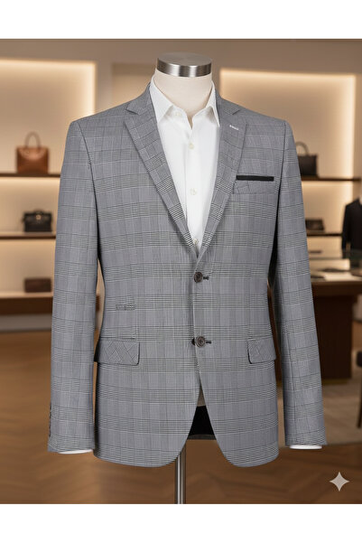 OSCAR BANKS Erkek Gri Kare Ekose Desenli ceket |Viskon Karışım Kumaş