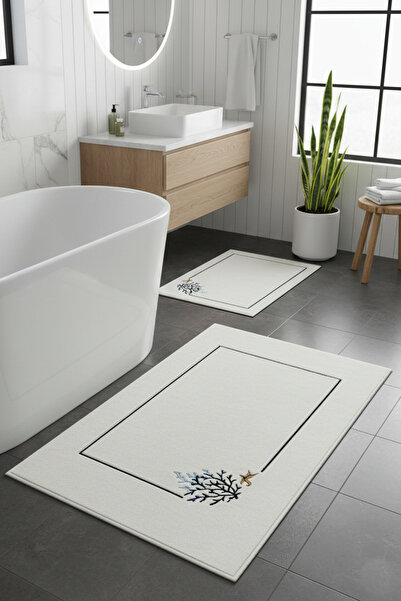 Chilai Home طقم سجاد حمام مكون من قطعتين مصنوع من القطن بنسبة 100%، مطرز بتصميم الأعشاب البحرية، قاعدة غير قابلة للانزلاق وقابلة للغسل