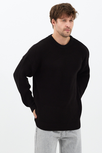 Tarz Cool Ανδρικό μαύρο πλεκτό πουλόβερ κανονικής εφαρμογής με λαιμόκοψη Crew
