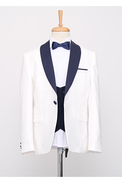 Doctor junior Boy's Tuxedo Suit - With Vest, Ecru Color, Navy Collar Detail
