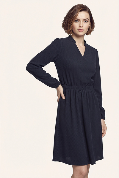 armonika Γυναικείο φόρεμα με βελούδινο μπλε ναυτικό με λαιμόκοψη σε σχήμα V με ελαστική μέση λεπτή F κοτλέ φορέματα ARM-25K001049