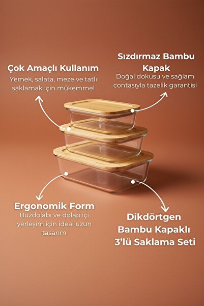 Bambum Lavi Dikdörtgen 3'lü Set Bambu Saklama Kapları