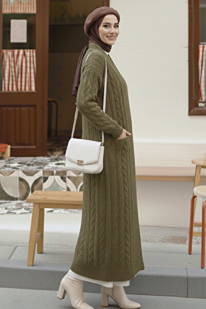 benguen Knitted Patterned Long Knitwear Cardigan R4251 Khaki
