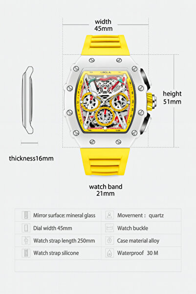 onola 6827W Ceas Skeleton Luminos Silicon 44mm Cuarț Impermeabil 3ATM – Design Tonneau, Curea Alba