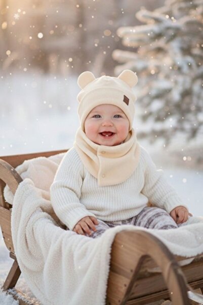 pufien Cotton Lined Fleece Beanie and Neck Collar Set 0-3 Years Old Ribbed Knit Fluffy Baby Beanie Children's Neck Collar