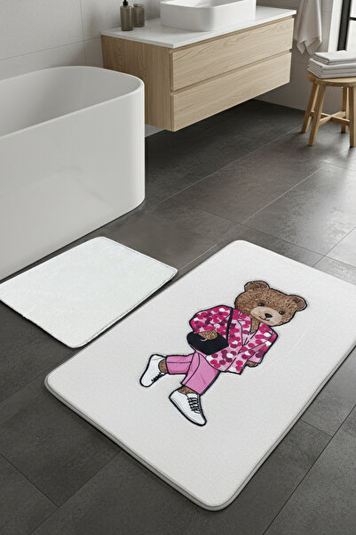 Chilai Home Boss Bear Ekru 2li Nakışlı Banyo Paspası ,Kaymaz Tabanlı 60x100 5...