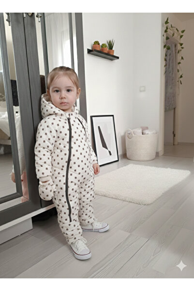 H&C STYLİNG Beyaz Renk Çiçekli Çift Fermuarlı Eldivenli Patikli Kışlık Mont T...