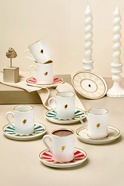 Kitchen Life 6 Kişilik Lovely Birds Porselen Altın Yaldızlı Kahve Fincanı Tak...