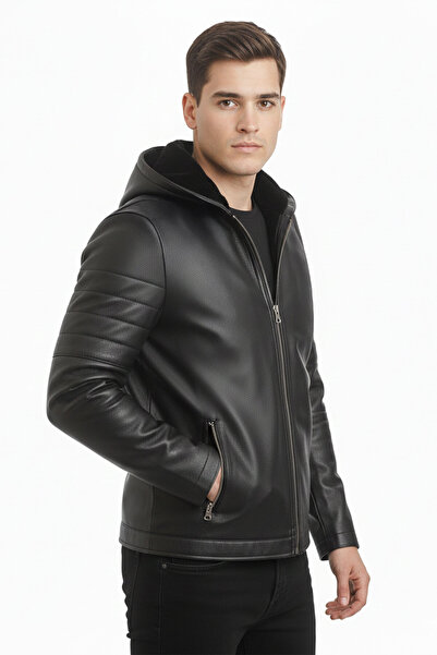 Deriderim Black Men's Hooded Fur Zippered Warm Genuine Leather Coat