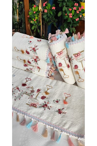 A.Z.H. (6Th Set) 50X90 cm Bird and Flower Embroidered Tasseled Velvet Texture Luxury Towel Set