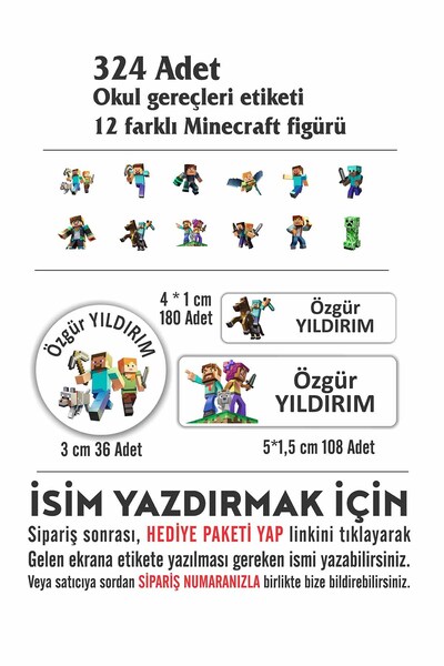 Vice isim Baskılı Defter Kalem Okul Etiketi (324 Adet Minecraft Temalı Etiket )