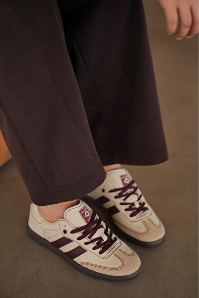 SOLAZER Women's Beige Burgundy Orthopedic Sole Line Detailed Casual Sneaker 057