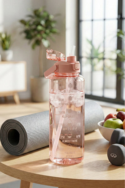 Poomy Kapaklı Tutma Saplı 1500 ML Motivasyon Pembe Su Şişesi