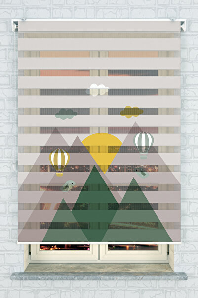 Genel Markalar Çocuk Odası - Dağlar Ve Balon Baskılı Zebra Stor Perde