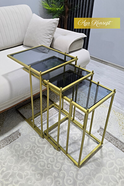 AGA KONSEPT 3'lü GOLD Tekerlekli C Sehpa, FÜME CAM, Güvenilir 6 mm Kalın Caml...