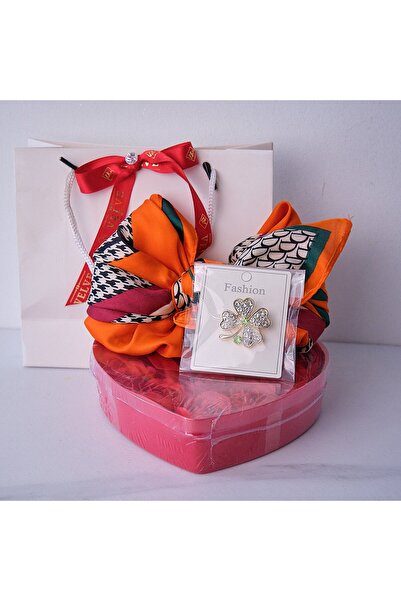 velve Good Luck gift package, clover brooch, satin scarf, heart-shaped box with orange soap roses