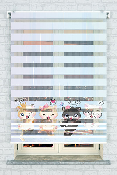 vanilyahome Çocuk Odası - Sevimli Kedicikler Baskılı Zebra Stor Perde