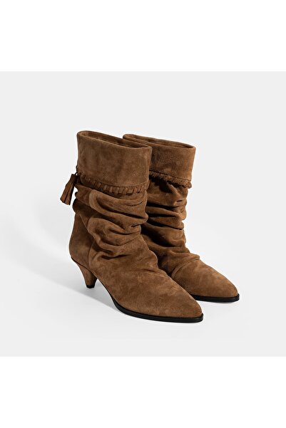 Desa Women's Tan Tassel Detailed Suede Heeled Boots