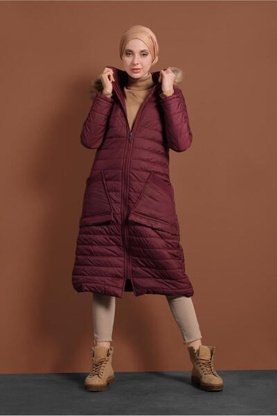 TRENDTESETTÜR Women's Claret Red Large Pocket Detailed Hooded Puffer Jacket T 1206