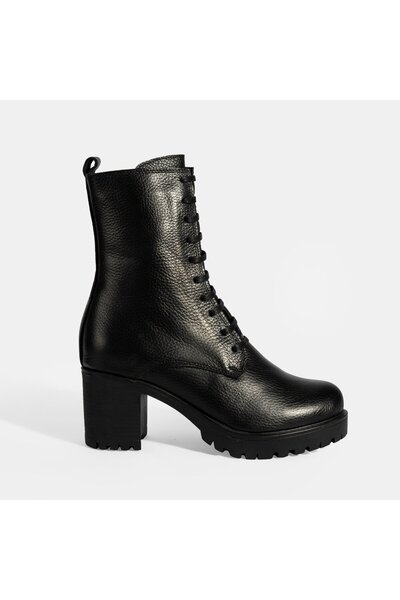 Desa Women's Black Lace-Up Thick Heeled Leather Boots