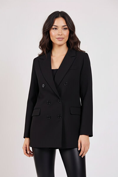 Volanlı Siyah Kruvaze Blazer Ceket