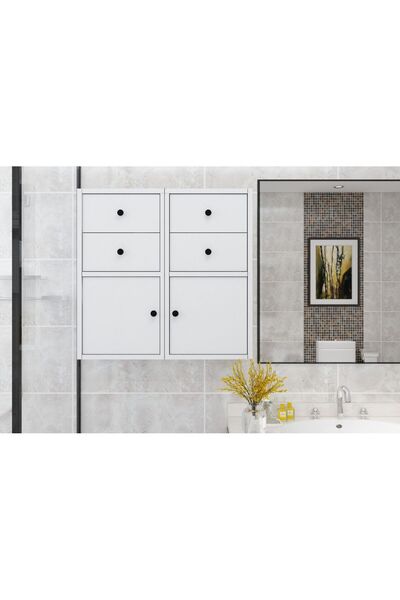 Nettrends 2 Kapaklı Dört Çekmeceli Duvar Tipi Beyaz Banyo Rafı BNY-1040