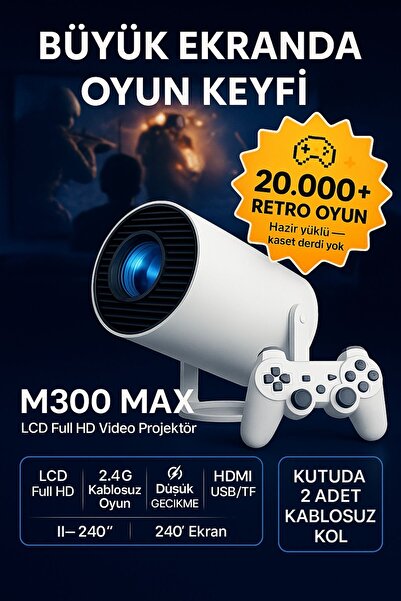 Zineets M2 Prime Projeksiyon Cihazlı +2 Gamepadli Oyun Konsolu 30Bin Nostalji Oyun Yüklü Ev Sineması
