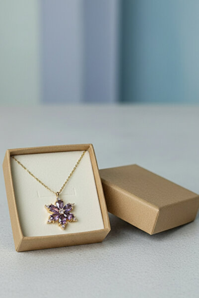 Birmem Kadın Gold Rengi Ametist Rengi Zirkon Taşlı Kamelya Çiçeği Çelik Kolye