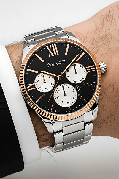 Ferrucci Takvimli Erkek Kol Saati Takvimli Çelik Kordon 3 Atm Suya Dayanıklı Bileklik Hediyeli Gümüş