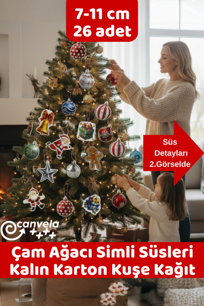 CANVELA 7-11 Cm 26 adet Yılbaşı Çam Ağacı Süsleri İpli Karton Süsleme Seti
