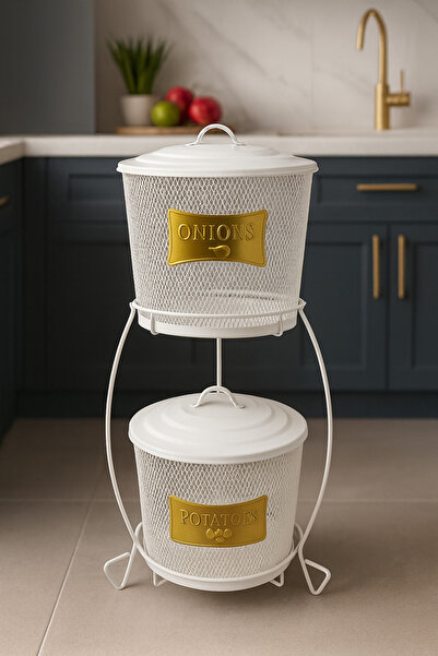 FERONYA 2 Katlı File Çelikten Üretilmiş Standlı Patates Soğan Kovaları, 2'li ...