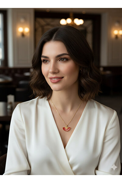 Store Yüzde Yüz Çelik Zincir Şık ve Zarif Zirkon Taşlı Kırmızı Yelpaze Kolye