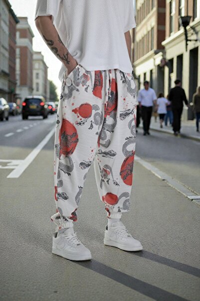 FG KONNİCHİWA Japanese Yakuza Taiyou Unisex Ethnic Patterned Elastic Waist and Cuffs Pocketed Loose Hippie Bohemian Shalwar