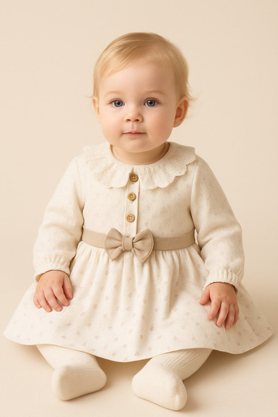 MixMax Bebe Kız Bebek Fiyonklu Düğme Detaylı Dantelli Zarafet Elbise