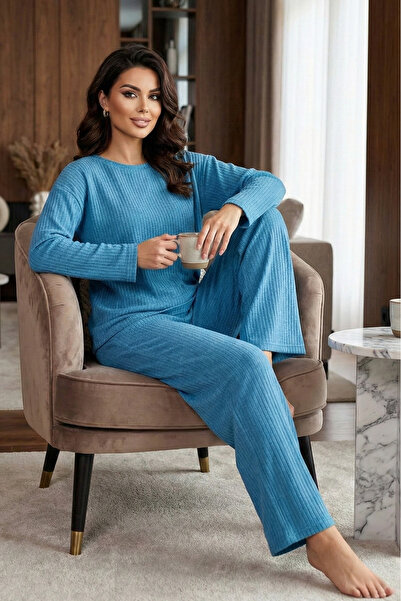 Farya Home Set pijama din bumbac gros, de iarnă, cu dungi interlock și mâneci lungi