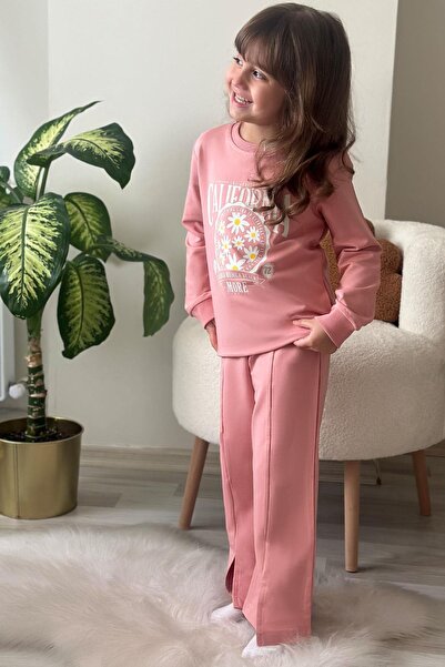 Breeze Σετ αθλητικών κοριτσιών 5-10 ετών - Floral print, φαρδιά πόδια και σκισίματα Dusty Rose