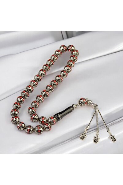 Burhan Sağlam Küre Kesim 10x10 mm İşlemeli Erzurum Oltu Taşı Gümüş Püsküllü Tesbih