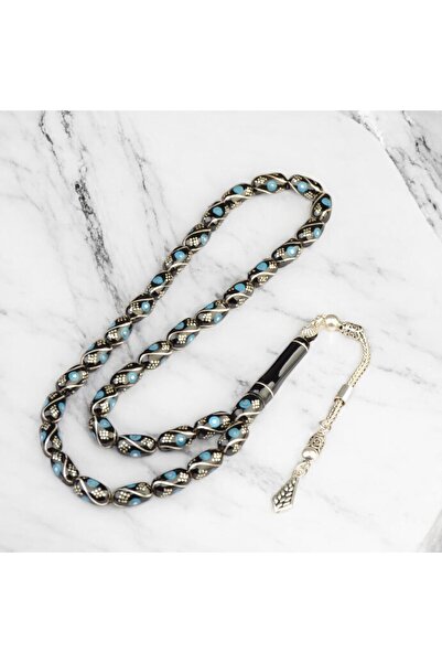 Burhan Sağlam Kapsül Kesim 11x6 mm İşlemeli Erzurum Oltu Taşı  Gümüş Püsküllü Tesbih