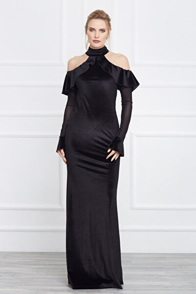 Laranor Γυναικείο μαύρο βραδινό φόρεμα με λεπτομέρεια από τούλι στο μανίκι, βελούδινο φόρεμα, κομψότητα ημέρας και νύχτας 17L6131