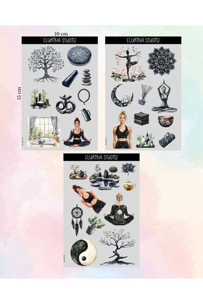 Flurina Studio Siyah Yoga 3 Sayfa Sticker Seti BEYAZ KAĞIT