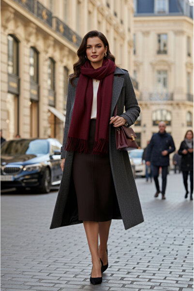 MAXLEVEL MODA Γυναικεία φούστα καφέ χρώματος με ελαστική μέση, μείγμα μαλλί, μήκους midi