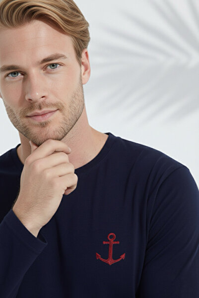 Free Beka Ανδρικό Σετ Πιτζάμες Εποχιακής Πιτζάμες Μακρυμάνικο Χτενισμένο Βαμβακερό Ύφασμα Anchor Navy Blue