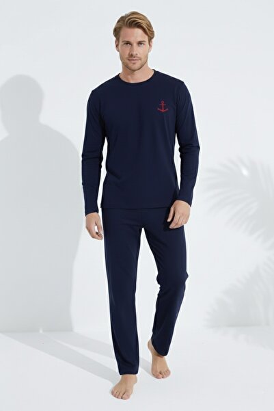 Free Beka Ανδρικό Σετ Πιτζάμες Εποχιακής Πιτζάμες Μακρυμάνικο Χτενισμένο Βαμβακερό Ύφασμα Anchor Navy Blue