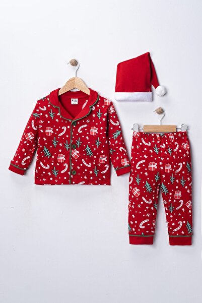 nazarbebe Unisex New Year Christmas Themed Baby Pajama Set with Christmas Pattern – Red (6-24 Months)