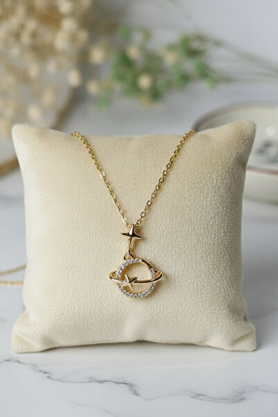 Birmem Kadın Gold Rengi Ay Taşı Gezegen ve Yıldız Figürlü Çelik Kolye