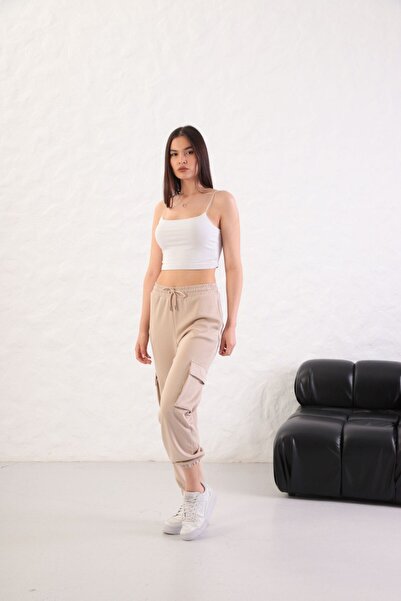 YusGos Women's Soft Textured Modal Fabric Pocket Detailed Elastic Leg Cargo Pants Beige