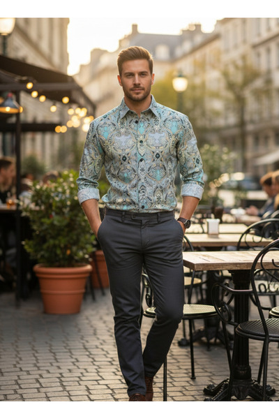 YusGos Long Sleeve Cotton Viscose Easy Iron Shawl Pattern Regular Fit Premium Men's Shirt Green m